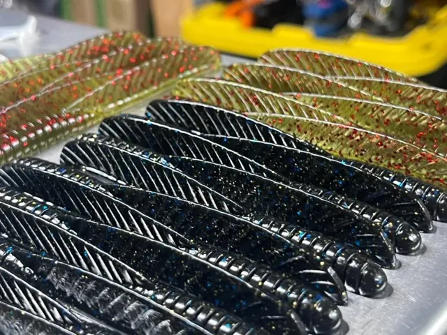 Dark and olive ribbed baits arranged on a tray