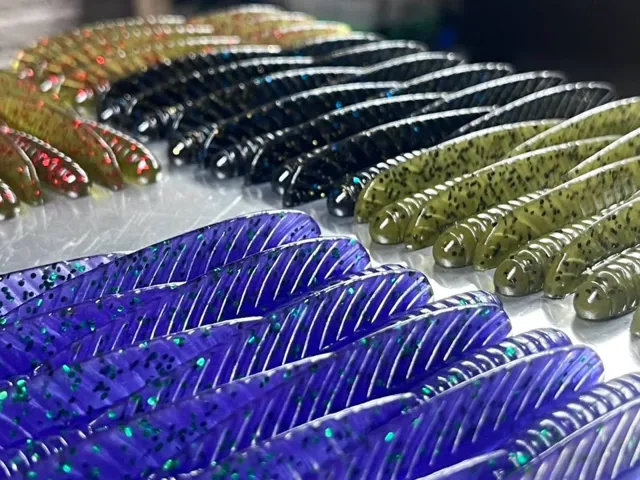 Rows of ribbed soft plastics in several colors